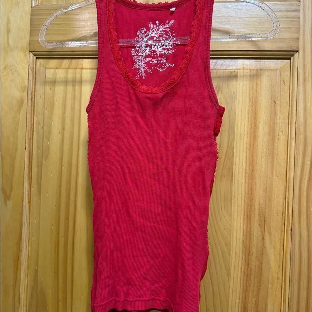 Vtg Guess Size S Vibrant Red Tank Top With Lace Detail